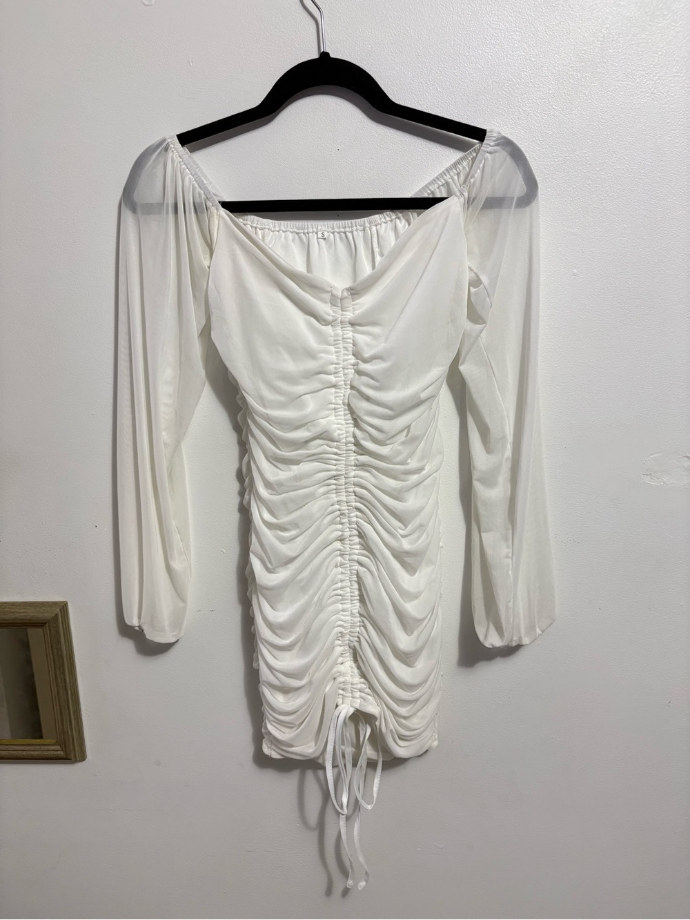 White Ruched Drawstring Long Sleeve Mini Dress